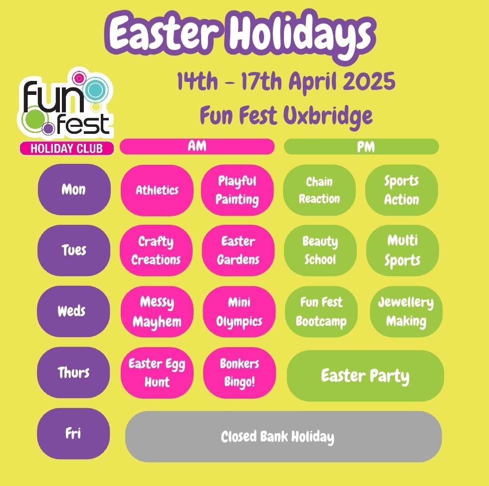 FunfestUxb's tweet image. 🥚 One Month to go until The Easter Holidays!!
Whether your child loves getting creative, staying active, or trying something new, Fun Fest has something for every bunny! 🖌️⚽
🌐 fun-fest.co.uk/uxbridge/