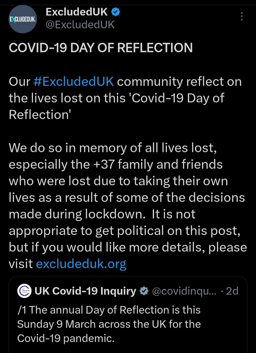 ExcludedFighter (@excludedfighter) on Twitter photo .#CovidReflectionDay was very challenging for our <a href="/ExcludedUK/">ExcludedUK</a> members after seeing their lives ruined, and today they prayed that they would not be forgotten again, but no MP or the MSM said a thing about this injustice and it is a disgrace
<a href="/RobbieRinder/">Rob Rinder</a>
x.com/JDevs/status/1… .#CovidReflectionDay was very challenging for our <a href="/ExcludedUK/">ExcludedUK</a> members after seeing their lives ruined, and today they prayed that they would not be forgotten again, but no MP or the MSM said a thing about this injustice and it is a disgrace
<a href="/RobbieRinder/">Rob Rinder</a>
x.com/JDevs/status/1…