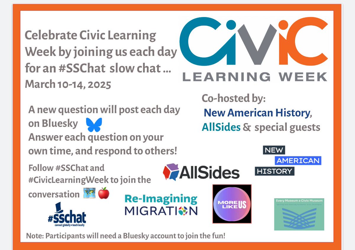 New American History (@newamericanhist) on Twitter photo #sschat and @newamericanhist are hosting a slow chat this week over on  Blue🦋sky! Help celebrate #CivicLearningWeek! 1 question/day from 3/10-14 #sschat and @newamericanhist are hosting a slow chat this week over on  Blue🦋sky! Help celebrate #CivicLearningWeek! 1 question/day from 3/10-14