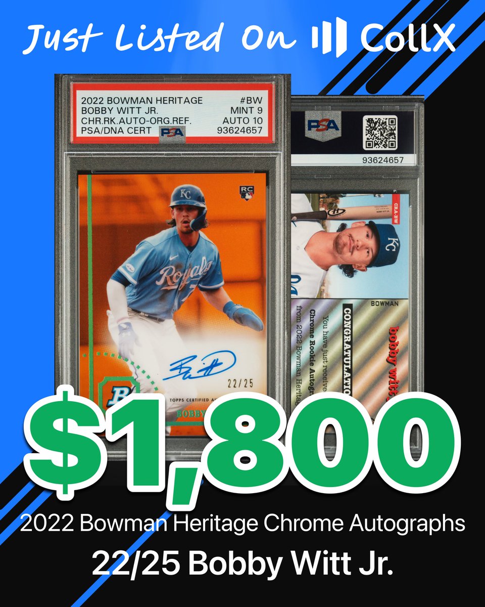 CollX_App's tweet image. Just listed on CollX! 2022 Bowman Heritage Chrome Autograph Orange 22/25 of Bobby Witt Jr. 

Price: $1,800 🤑