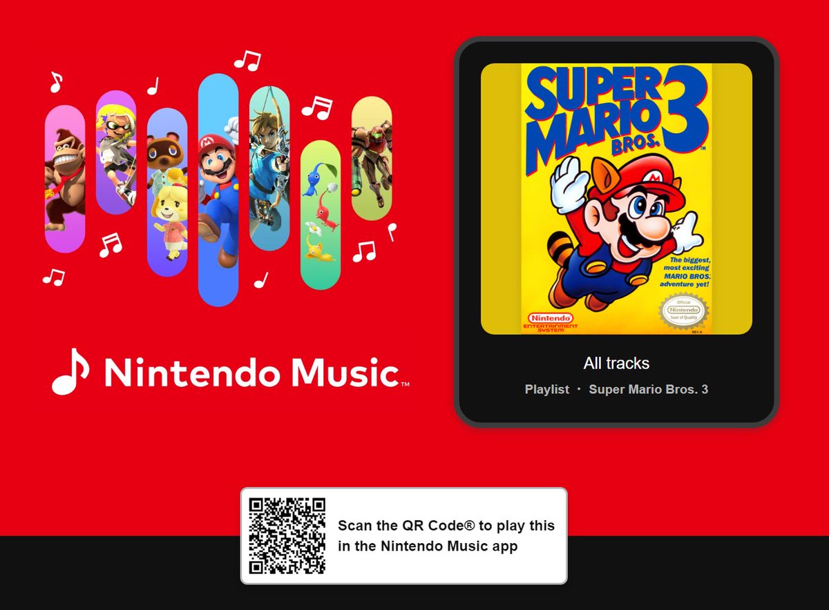 Wario64's tweet image. Super Mario Bros. 3 OST added to Nintendo Music share.m.nintendo.com/en-US/US/offic…