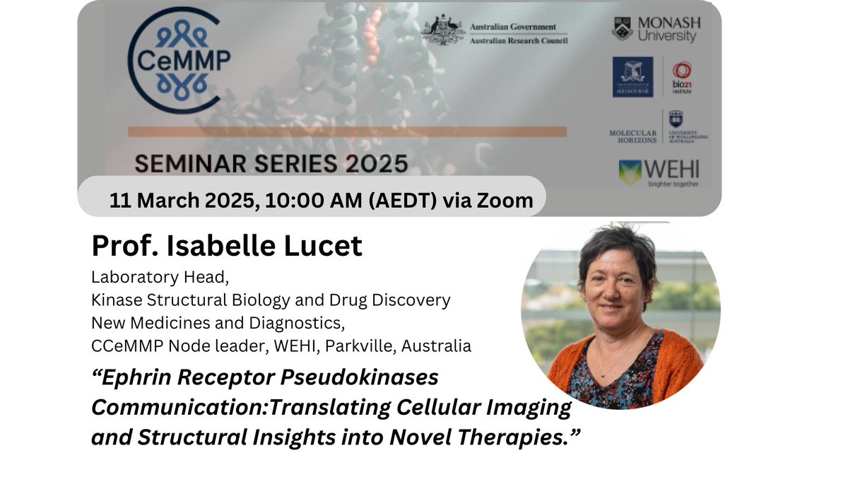 ARC CCeMMP (@ccemmp) on Twitter photo Seminar alert⏰We welcome Prof. Isabelle Lucet, CCeMMP WEHI Node Leader and Laboratory Head!🥳
"Ephrin Receptor Pseudokinases Communication: Translating Cellular Imaging and Structural Insights into Novel Therapies." Register & more info:
ccemmp.org/events/ccemmp-…
<a href="/arc_gov_au/">Australian Research Council</a> Seminar alert⏰We welcome Prof. Isabelle Lucet, CCeMMP WEHI Node Leader and Laboratory Head!🥳
"Ephrin Receptor Pseudokinases Communication: Translating Cellular Imaging and Structural Insights into Novel Therapies." Register & more info:
ccemmp.org/events/ccemmp-…
<a href="/arc_gov_au/">Australian Research Council</a>