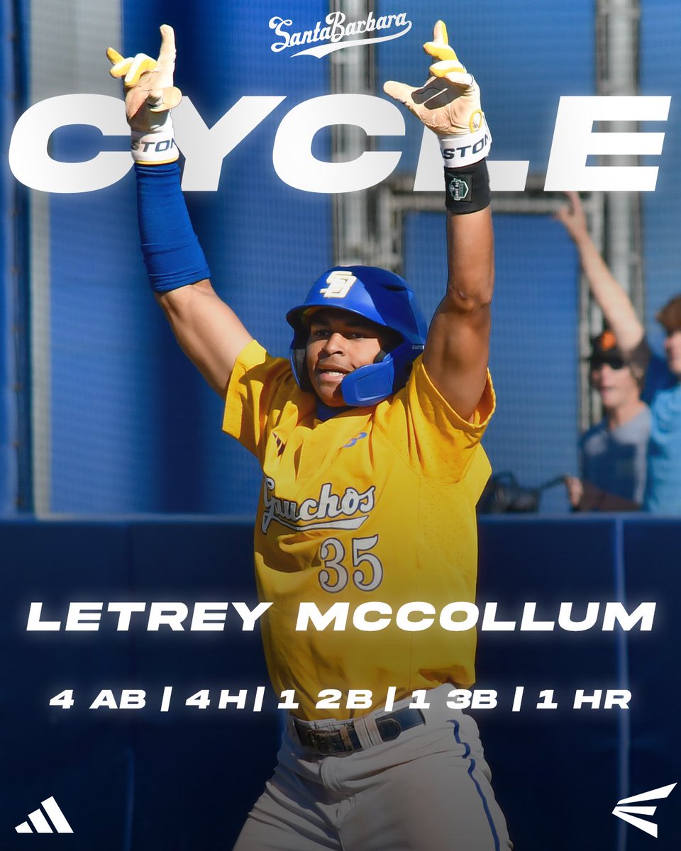 UCSB_Baseball's tweet image. Walk-off home run and CYCLE for Trey! 🤩

LeTrey McCollum hits for the cycle and caps it off with a walk-off home run! The Gaucho center-fielder went 4-4 with 2 stolen bases!

This marks the first cycle by a Gaucho since Michael Young’s in 1997 🤯 

#GoChos | #SCTop10