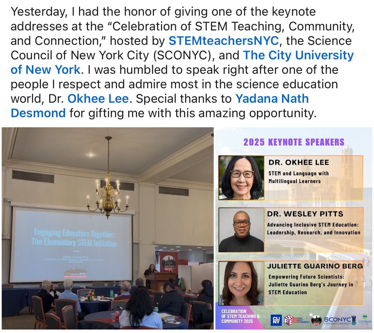 Yesterday, I had the honor of giving one of the keynote addresses at the “Celebration of STEM Teaching, Community, and Connection,” hosted by STEMteachersNYC, <a href="/SciCouncilNYC/">SCONYC</a>, and <a href="/CUNY/">The City University of New York</a>. #SciEd #ScienceEd #STEMed #EdChat #K12 #ProfessionalDevelopment