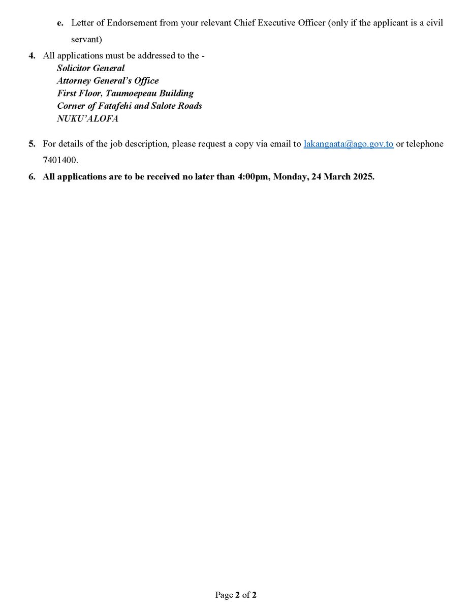 Lakanga 'ata 'i he 'Ofisi 'o e 'Ateni Seniale.
1. Assistant Crown Prosecutor
2. Assistant Crown Prosecutor
3. Filing Registrar
ago.gov.to/cms/about/care…
