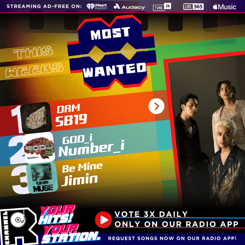 channelrradio's tweet photo. 🔥The #ChannelRMostWanted Top 3 this week:

1️⃣ SB19 - DAM 🎧Playing Next!
2️⃣ Number_i - GOD_i
3️⃣ Jimin - Be Mine

📢 Voting is open now! The new winner is announced Sundays &amp; gets 3️⃣ daily spins next week.

💥 Vote on our radio app👇 or here: https://t.co/4C5CD42Sm3