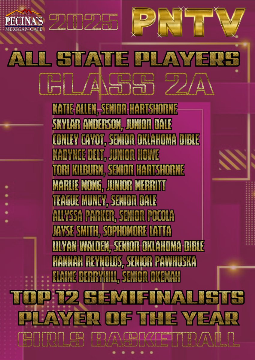 #OKPrepStory: PNTV 2025 Class 2A
Girls Basketball All State Picks/POY Semifinalists.

Katie Allen
Skylar Anderson
Elaine Berryhill
Conley Cayot
Ti'Heiress Davis
Kadynce Delt
Tori Kilburn
Marlie Mong
Teague Muncy
Allyssa Parker
Hannah Reynolds
Jayse Smith
Lilyan Walden