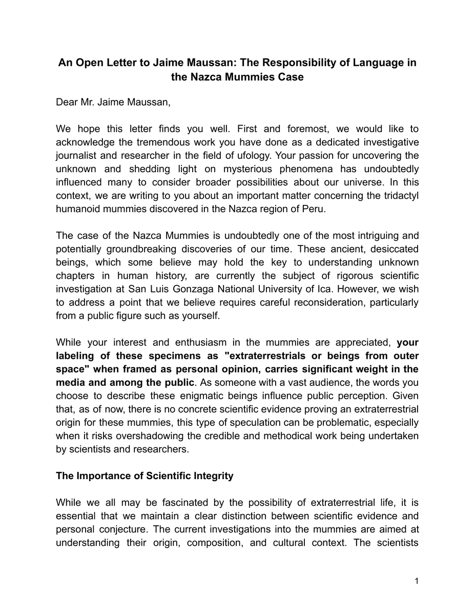 fratercrc's tweet photo. @jaimemaussan1 An Open Letter to Jaime Maussan: The Responsibility of Language in the Nazca Mummies Case
@Ufodaily16757
@road_mystery
@UfoBloke
@gchavez101
@joerogan
@DFurneaux
#NazcaMummies #TridactylMummies #Tridactyl #NHI #NonHumanIntelligence #Alien #AlienMummies #Extraterrestrial #Mummies https://t.co/W332mB7OIi
