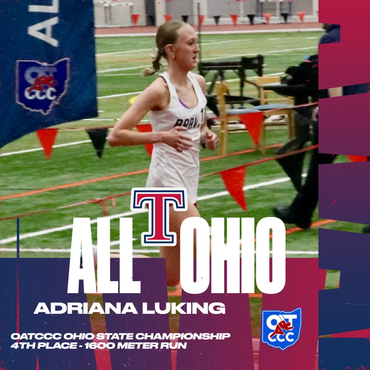 Adriana Luking is All Ohio after her 4th place finish in the 1600 meter run at the OATCCC Ohio Indoor State Championships. Adriana ran a new PR and lifetime best 1600. Her time is a new indoor school record.