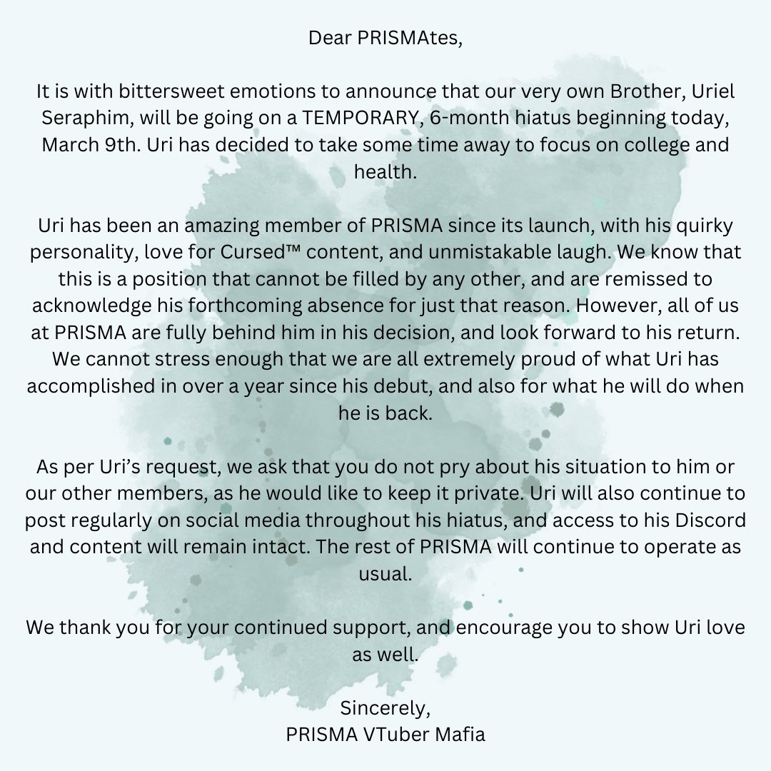 PRISMAVT's tweet image. Please see the following announcement about or member, @s3raphim_uriel.