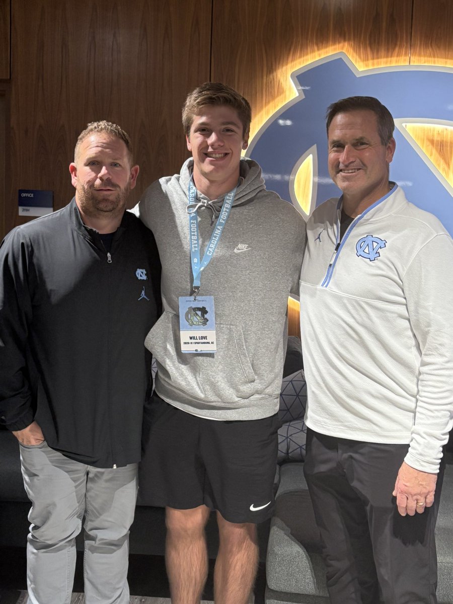 Will Love (@willlove_96) on Twitter photo Thanks to <a href="/UNCFootball/">Carolina Football</a> <a href="/Belichick_B/">Bill Belichick</a> <a href="/CoachPriefer/">Mike Priefer</a> and <a href="/_thebillymiller/">Billy Miller</a> for the awesome visit yesterday! I had a great time talking football and watching basketball with yβall. Looking forward to getting back on campus soon!
<a href="/DanOrnerKicking/">DanOrnerKicking</a> <a href="/REFINEDFB/">Coach Mark Hodge</a> <a href="/Spartanburg_FB/">SpartanburgVikingsFootball</a> Thanks to <a href="/UNCFootball/">Carolina Football</a> <a href="/Belichick_B/">Bill Belichick</a> <a href="/CoachPriefer/">Mike Priefer</a> and <a href="/_thebillymiller/">Billy Miller</a> for the awesome visit yesterday! I had a great time talking football and watching basketball with yβall. Looking forward to getting back on campus soon!
<a href="/DanOrnerKicking/">DanOrnerKicking</a> <a href="/REFINEDFB/">Coach Mark Hodge</a> <a href="/Spartanburg_FB/">SpartanburgVikingsFootball</a>