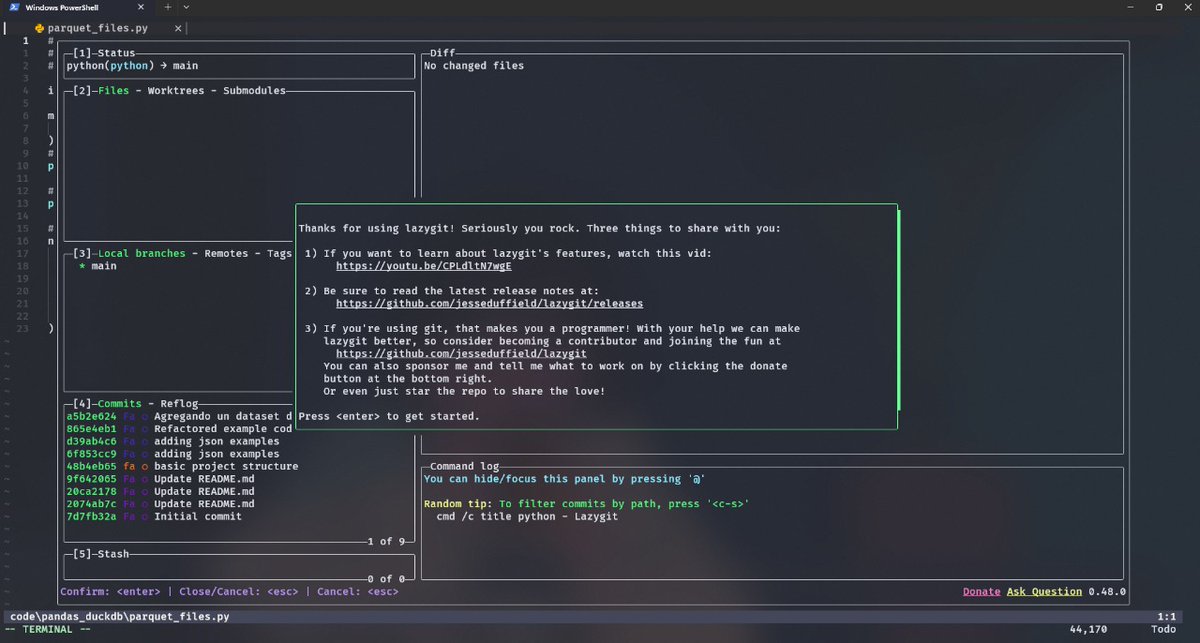FabricioLennart's tweet image. Siempre ha existido el debate sobre si usar GitHub Desktop o Git por línea de comandos, pero creo que LazyGit es lo más sensato. Es una interfaz TUI (Terminal User Interface). 🚀 #git #dev #lazyGit