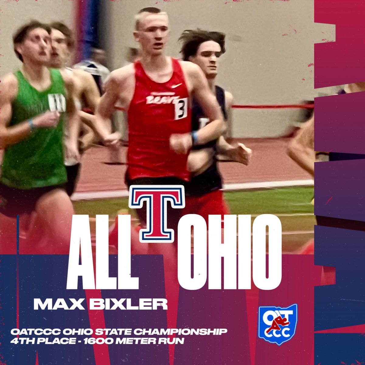 Max Bixler is All Ohio after his 4th place finish at the OATCCC State Championships in the 1600 meter run. Max ran a blistering race earning a new PR and running the 2nd fastest Indoor 1600 in school history. Congrats Max!