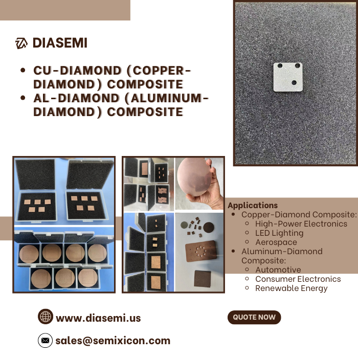 DiamondSemi's tweet photo. DIASEMI is a U.S.-based supplier of CVD diamond material, proudly introducing Copper-Diamond and Aluminum-Diamond Composites—cutting-edge materials engineered for superior thermal management
https://t.co/uA2KnswaVF
sales@semixicon.com
#cvddiamond
#copperdiamond
#diamondheatsinks https://t.co/ffWpywNIR6