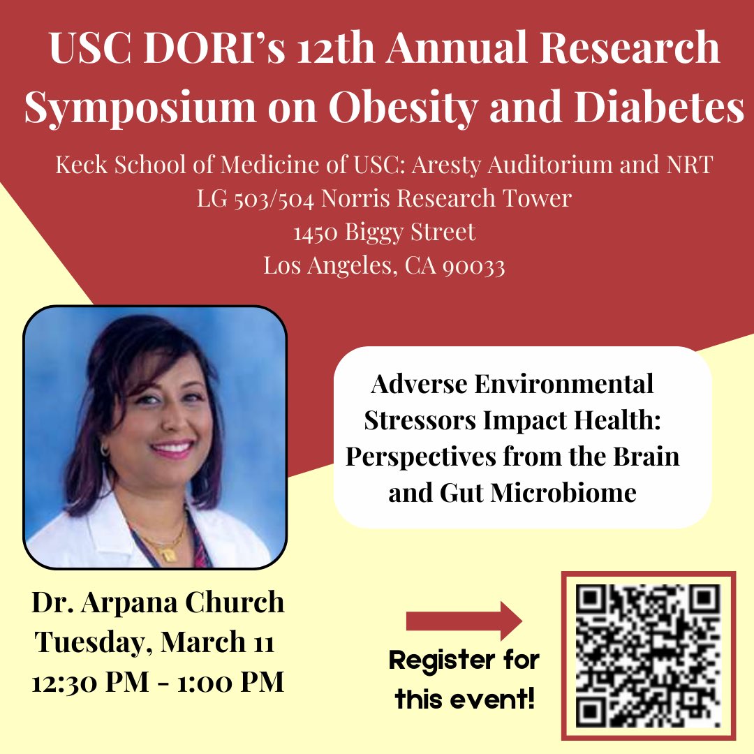 ABioME (@a_biome) on Twitter photo Dr. Arpana Church is presenting on Tuesday, March 11 at USC DORI’s Annual Research Symposium on Obesity and Diabetes. Register virtually or in person to learn about her research on the ways that environmental stressors can impact the gut microbiome and brain!đź§  Dr. Arpana Church is presenting on Tuesday, March 11 at USC DORI’s Annual Research Symposium on Obesity and Diabetes. Register virtually or in person to learn about her research on the ways that environmental stressors can impact the gut microbiome and brain!đź§