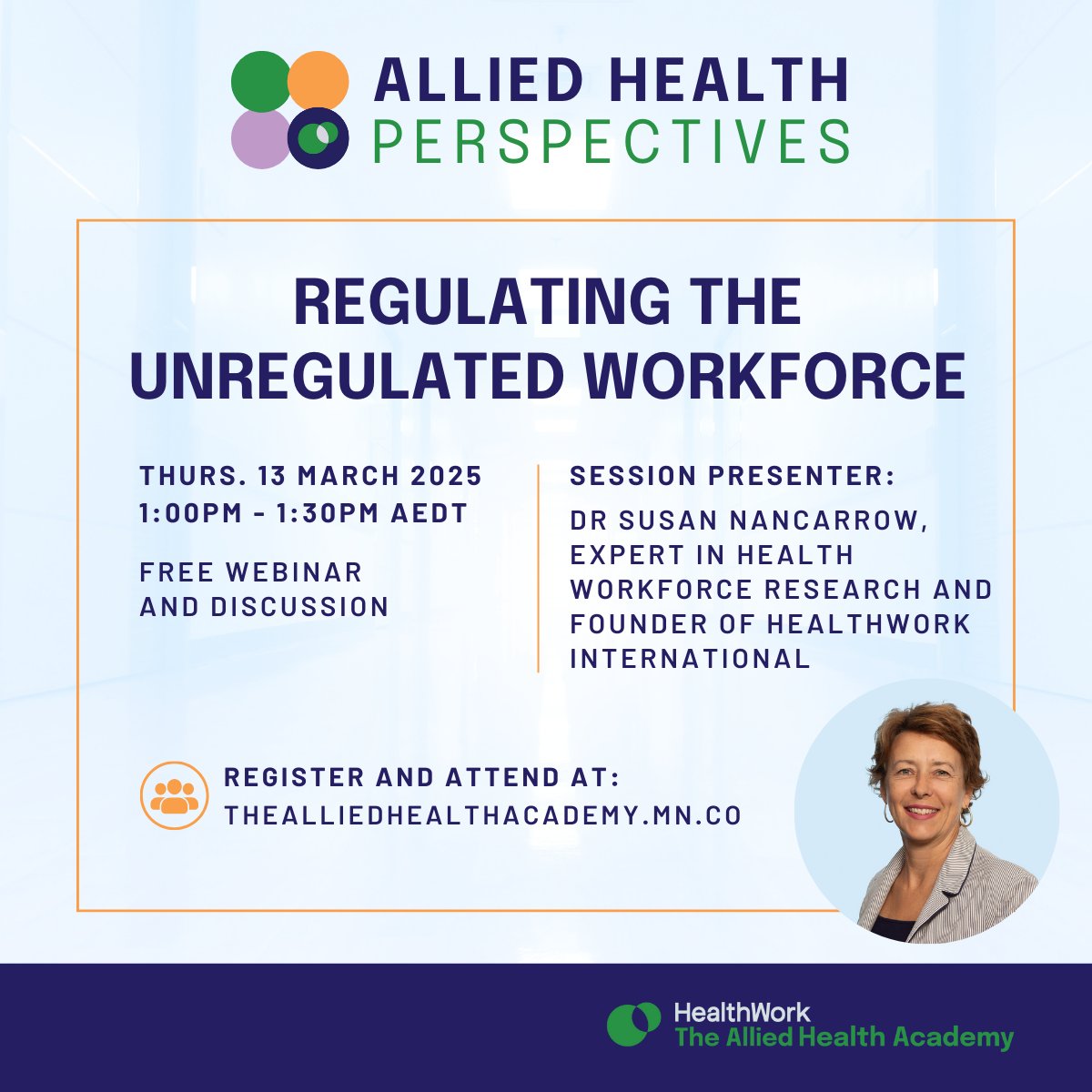 💻 Join #AlliedHealthPerspectives this Thursday as Dr <a href="/SusanNancarrow/">Susan Nancarrow (she/her)</a> discusses Regulating the Unregulated Workforce - and why it matters.

➡️ To RSVP and access the free live webinar, visit: loom.ly/8fYkxLM

#AlliedHealth #WorkforceRegulation
