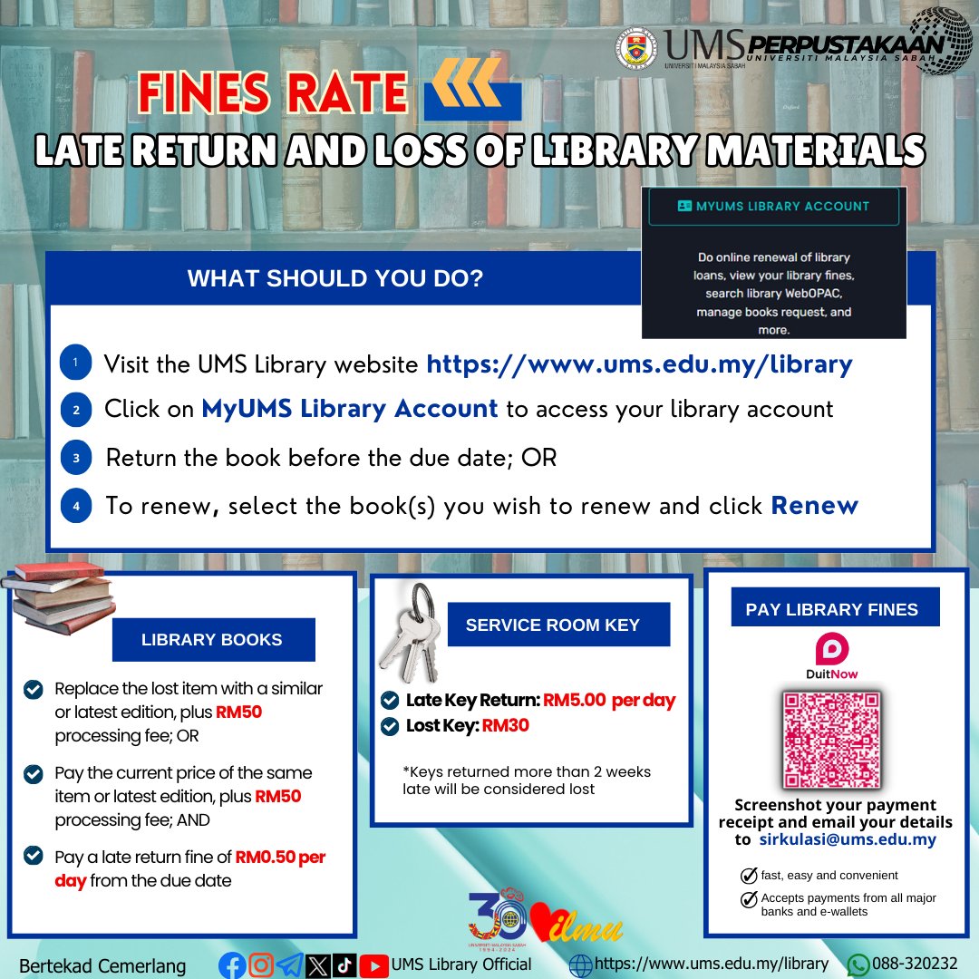 Lib_UMS's tweet image. 📢 FINES FOR LATE RETURNS &amp;amp; LOST LIBRARY MATERIALS

📌 For inquiries, contact us:
🟢 WhatsApp: wa.me/6088320232
🟢 Email: library_info@ums.edu.my / sirkulasi@ums.edu.my

Thank you!😃
#LibraryFines
#CashlessPayment
#ReturnBooksOnTime
#RenewYourBooks
#BookRenewal
#UMSLibrary