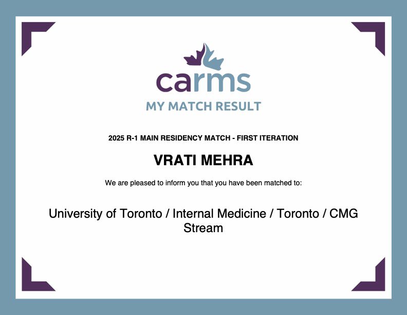 Vrati Mehra, MSc, MD candidate (@vrati_mehra) on Twitter photo So grateful to share that I will be staying in Toronto for residency in Internal Medicine <a href="/UofT_DoM/">Department of Medicine University of Toronto</a> <a href="/uoftmedicine/">Temerty Medicine</a>
My heartfelt thanks to all my mentors, family & friends who supported me in this journey. This would not have been possible without your guidance and support โค๏ธ๐ฅบ So grateful to share that I will be staying in Toronto for residency in Internal Medicine <a href="/UofT_DoM/">Department of Medicine University of Toronto</a> <a href="/uoftmedicine/">Temerty Medicine</a>
My heartfelt thanks to all my mentors, family & friends who supported me in this journey. This would not have been possible without your guidance and support โค๏ธ๐ฅบ