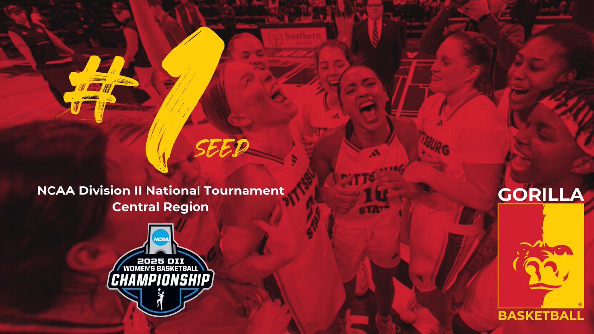 PittStGorillas's tweet photo. THE GORILLAS ARE THE #1 SEED‼️

Pitt State earns the #1 seed in the region and will HOST the NCAA Division II Central Regional 🦍🏀

The Gorillas will host Harding IN PITTSBURG in the first round.

SHOW UP THIS WEEK GORILLA NATION. https://t.co/jvKBS8saZj