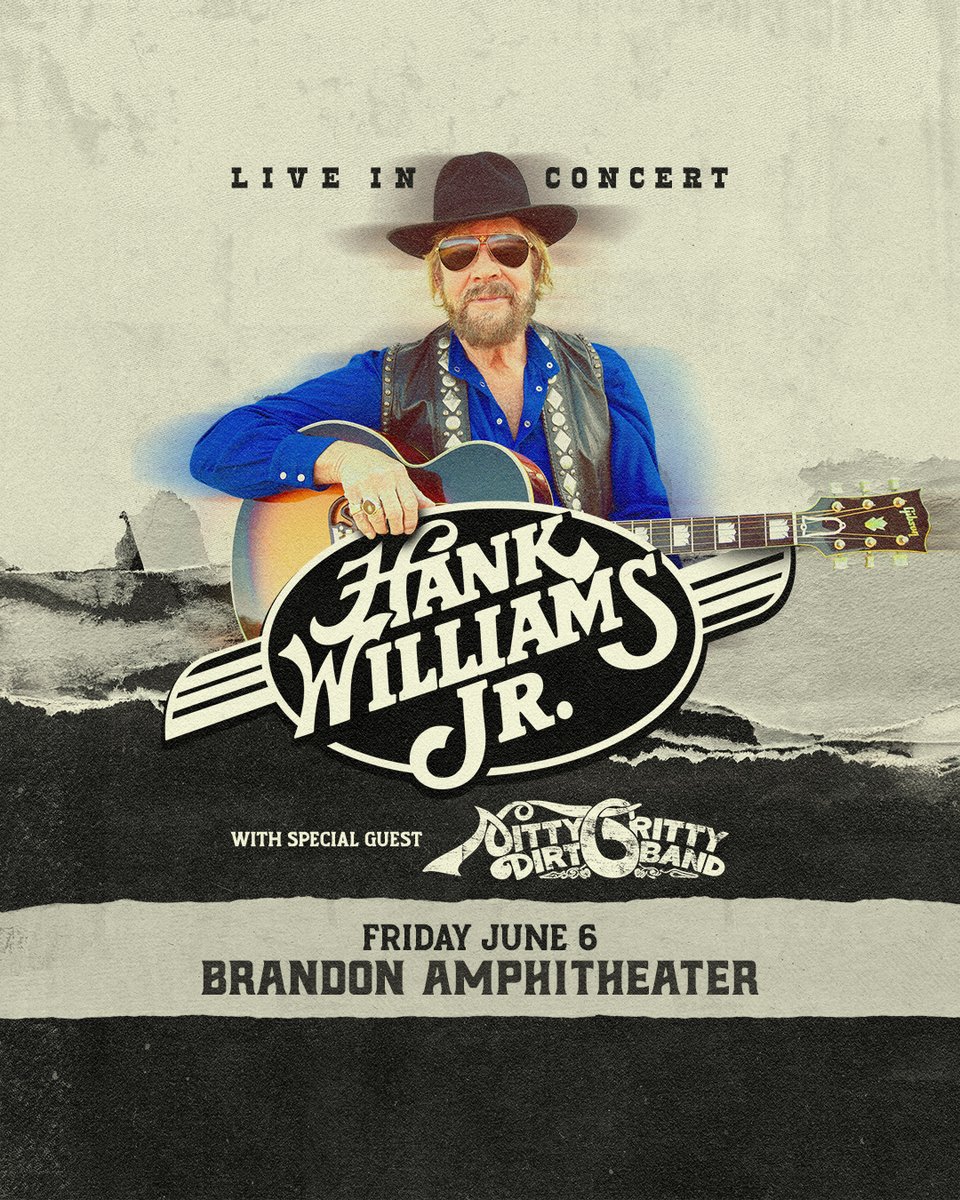 Brandon Amphitheater (@brandonampms) on Twitter photo ARE Y’ALL READY? <a href="/HankJr/">Hank Williams, Jr.</a> is coming to Brandon Amphitheater on Friday, June 6 with <a href="/GrittyDirt/">NittyGrittyDirtBand</a>! Tickets go on sale starting this Friday, March 14th @ 10AM local. 🎸 ARE Y’ALL READY? <a href="/HankJr/">Hank Williams, Jr.</a> is coming to Brandon Amphitheater on Friday, June 6 with <a href="/GrittyDirt/">NittyGrittyDirtBand</a>! Tickets go on sale starting this Friday, March 14th @ 10AM local. 🎸