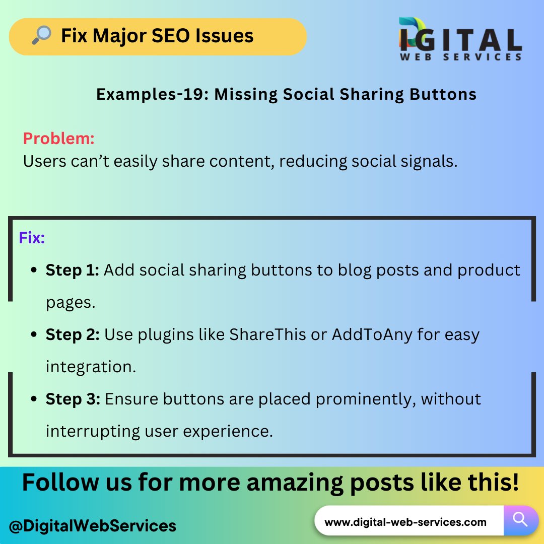 digitalwebservs's tweet image. #FixSEOIssues:  Missing social sharing buttons? You’re losing valuable traffic and engagement! 😱

👉digital-web-services.com/major-seo-issu… 
▾▾▾▾
#SocialMediaMarketing #ContentMarketing #SEO #DigitalMarketing #SocialSharing #MarketingTips #WebsiteOptimization #GrowthHacking #SocialSignals