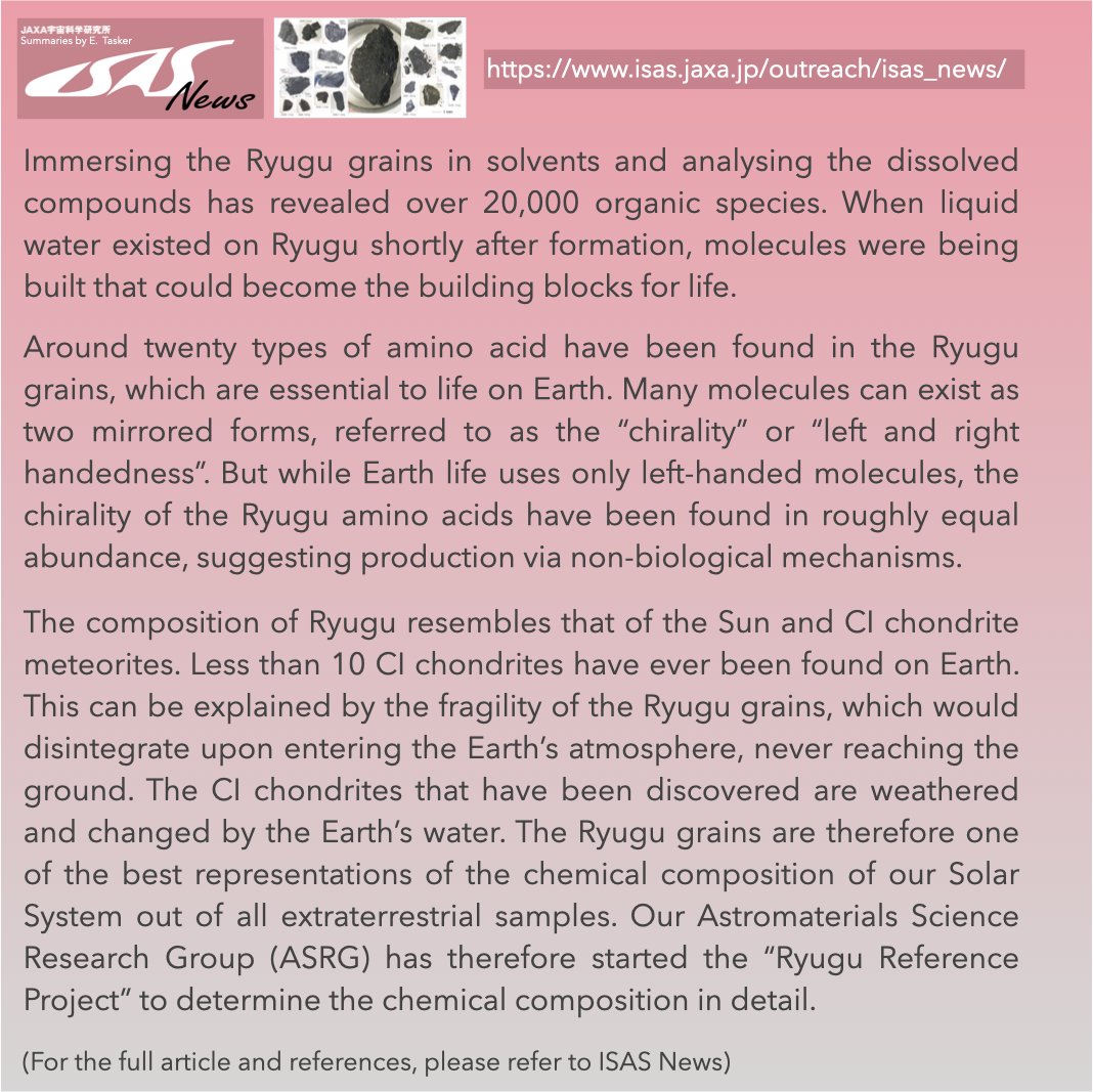 Our latest edition of #ISASNews begins with a summary of a few of the results from the analysis of the asteroid #Ryugu sample, returned by the #Hayabusa2 mission 🛰️. Read the complete edition of ISAS News in Japanese here ➡️ isas.jaxa.jp/outreach/isas_….