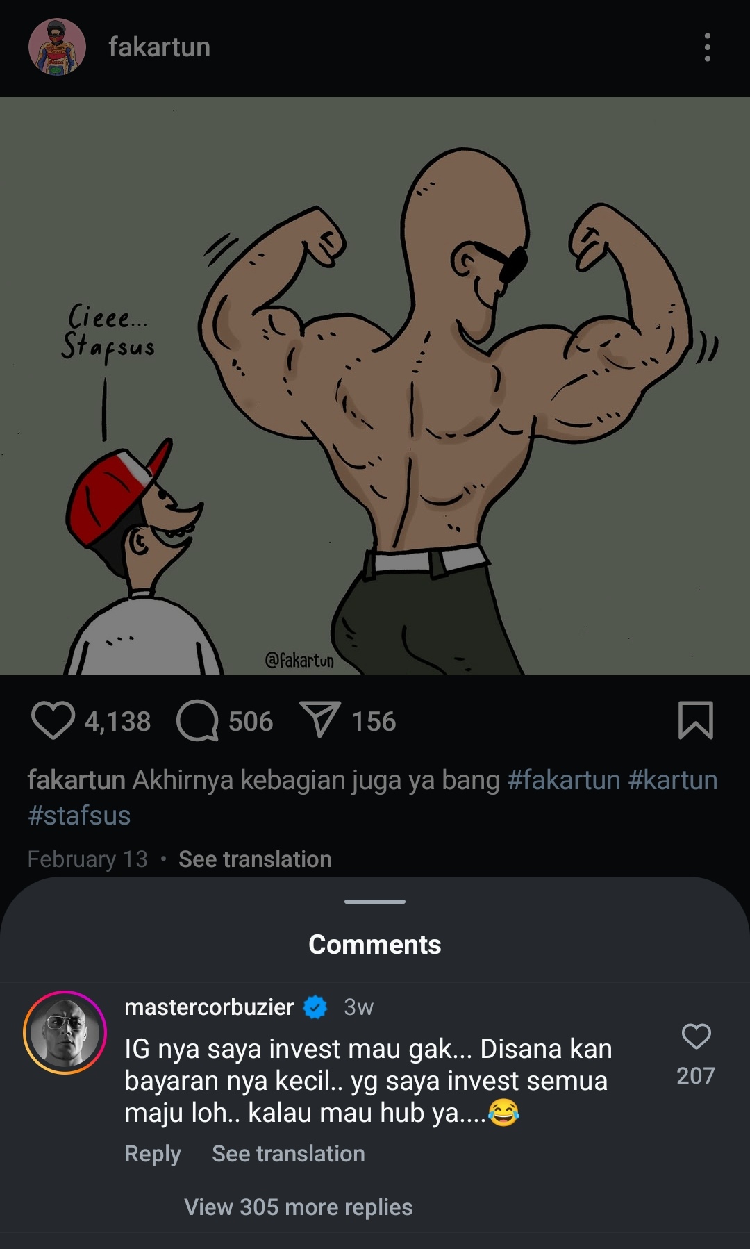 Tangkap layar unggahan kartun stafsus dan komentar Deddy Corbuzier.