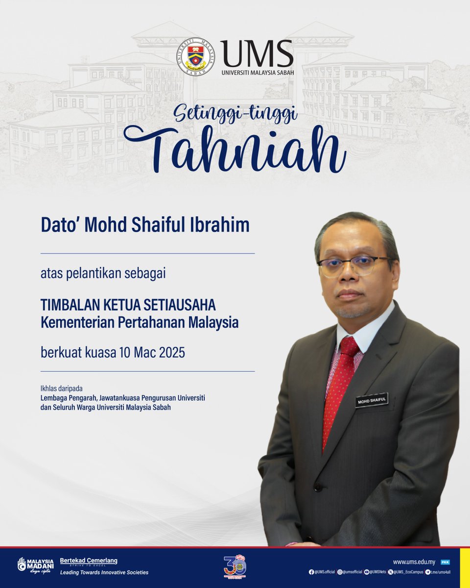 UMS Official 🇲🇾 (@ums_ecocampus) on Twitter photo Lembaga Pengarah, Jawatankuasa Pengurusan Universiti serta seluruh warga UMS mengucapkan setinggi-tinggi tahniah kepada Dato' Mohd Shaiful Ibrahim atas pelantikan sebagai Timbalan Ketua Setiausaha <a href="/MINDEFMalaysia/">MINDEF Malaysia</a>.
#TahniahdaripadaUMS
#MalaysiaMADANI Lembaga Pengarah, Jawatankuasa Pengurusan Universiti serta seluruh warga UMS mengucapkan setinggi-tinggi tahniah kepada Dato' Mohd Shaiful Ibrahim atas pelantikan sebagai Timbalan Ketua Setiausaha <a href="/MINDEFMalaysia/">MINDEF Malaysia</a>.
#TahniahdaripadaUMS
#MalaysiaMADANI