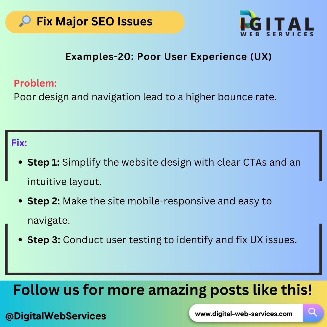 digitalwebservs's tweet image. #FixSEOIssues: A bad user experience = high bounce rates! Fix it now!

👉 digital-web-services.com/major-seo-issu…

▾▾▾▾
#UserExperience #UXDesign #WebDesign #WebsiteOptimization #DigitalMarketing #SEO #ConversionRateOptimization #MobileFriendly #UXTips #CustomerExperience #WebDevelopment
