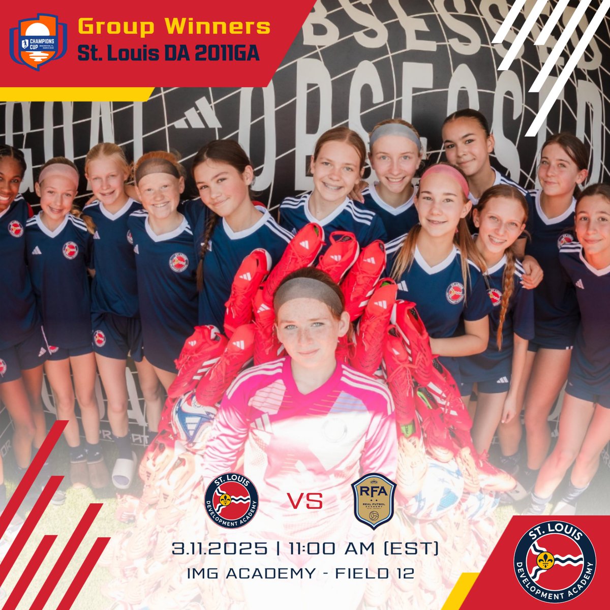 🏆 Group Winners! 🏆

Our 2011 GA squad is moving on at Champions Cup! Next match: 3.11.2025 | 11:00 AM (EST) vs. RFA at IMG Academy – Field 12! 🔥⚽

Way to go girls!

#DevelopTheLou
