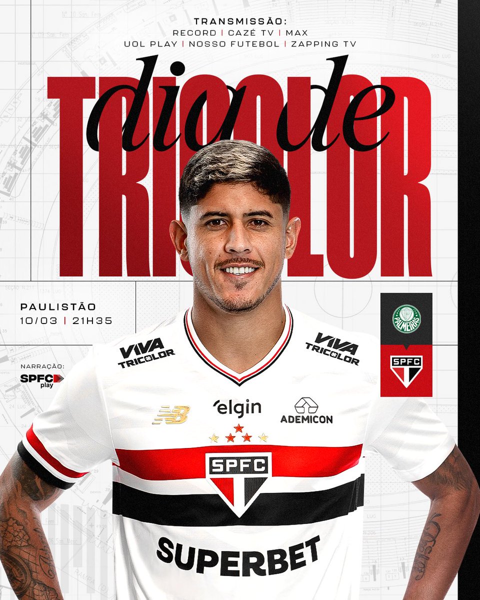 HOJE TEM SÃO PAULO!!! É DECISÃO, É #DIADETRICOLOR!!!

⚽️ Palmeiras x São Paulo
🏟 Allianz Parque
📍 São Paulo (SP)
⏰ 21h35
🏆 Paulistão (Semifinal)

📺 Record, CazéTV, Max, UOL Play, Nosso Futebol e Zapping TV
🎙 SPFC Play

#VamosSãoPaulo 🇾🇪