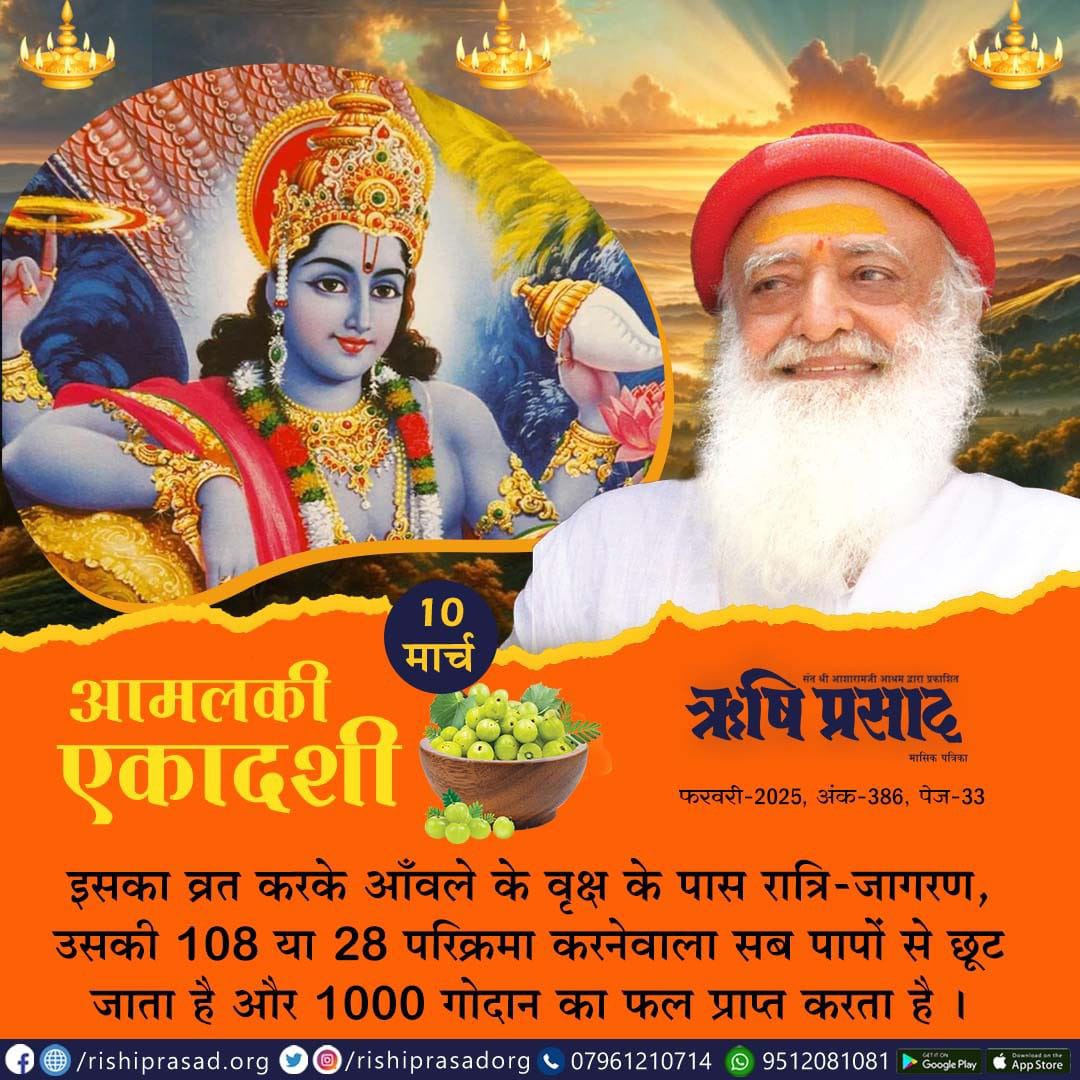 आमलकी एकादशी-10 मार्च  
इसका व्रत करके आँवले के वृक्ष के पास रात्रि-जागरण, उसकी 108 या 28 परिक्रमा करनेवाला सब पापों से छूट जाता है और 1000 गोदान का फल प्राप्त करता है । 
फरवरी 2025, अंक 386, पेज 33
#AsharamjiBapuQuotes 
#Bapuji #RishiPrasad #AsharamjiBapu #Magazine