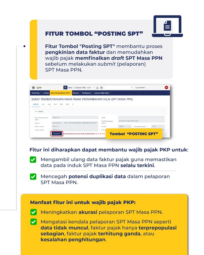 #KawanPajak, finalisasi SPT Masa PPN makin praktis dan akurat! 

Dengan fitur tombol posting SPT pada Coretax DJP, pengkinian data faktur jadi lebih mudah, serta membantu Wajib Pajak PKP meningkatkan akurasi pelaporan SPT Masa PPN.