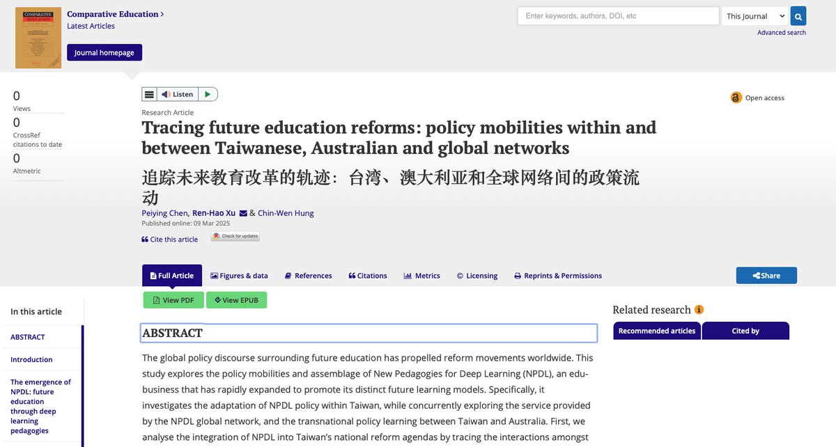 I’m thrilled to share my new co-authored paper is now published in Comparative Education. We use a Policy Mobilities and Assemblage Theory conjoined approach to analyse future education policy within and between Taiwanese, Australian and global networks. reurl.cc/EgOyWm