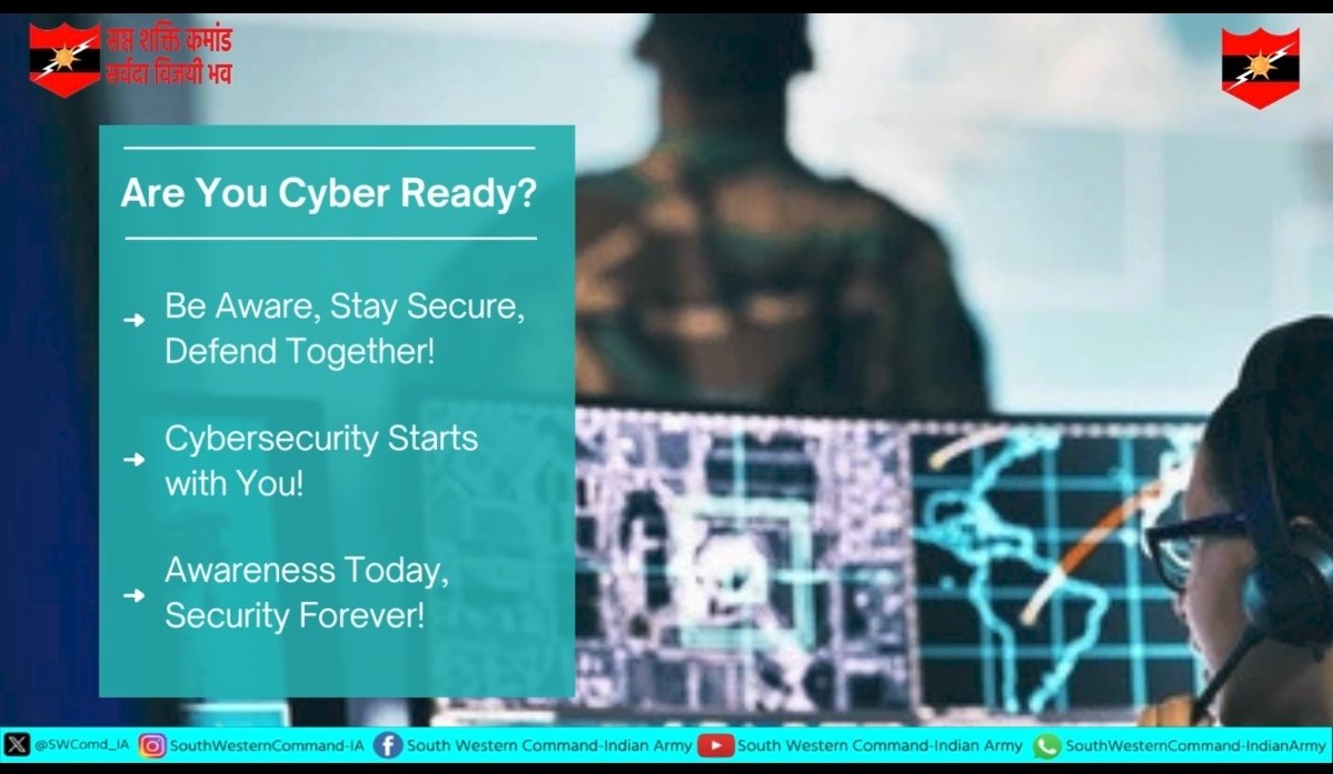 SWComd_IA's tweet image. Fortifying the Digital Frontiers

#SaptaShaktiCyberSentinels remains steadfast in securing our #Cyberspace. With #Vigilance, #Awareness, and safe online practices, we stand ready to counter #CyberThreats. #StayAlert, #StayInformed &amp;amp; let’s build a resilient and…
