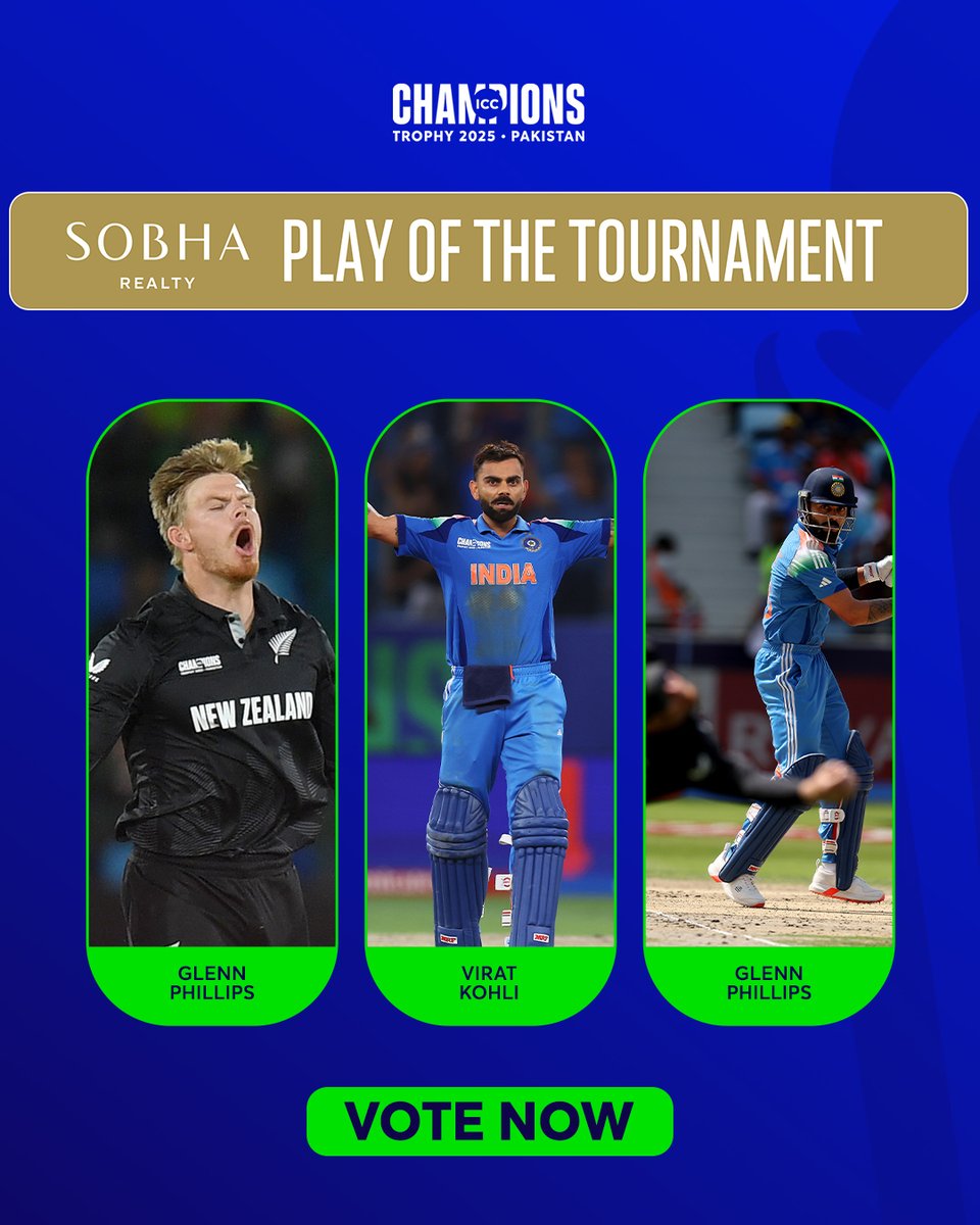 🔹 Glenn Phillips lights up tournament opener with a blinder
🔹 Virat Kohli rises to the occasion against Pakistan
🔹 Glenn Phillips catch to remove Virat Kohli stuns with world 

Vote now for your <a href="/SobhaRealtyDXB/">Sobha Realty</a> Play of the Tournament from the #ChampionsTrophy ➡️