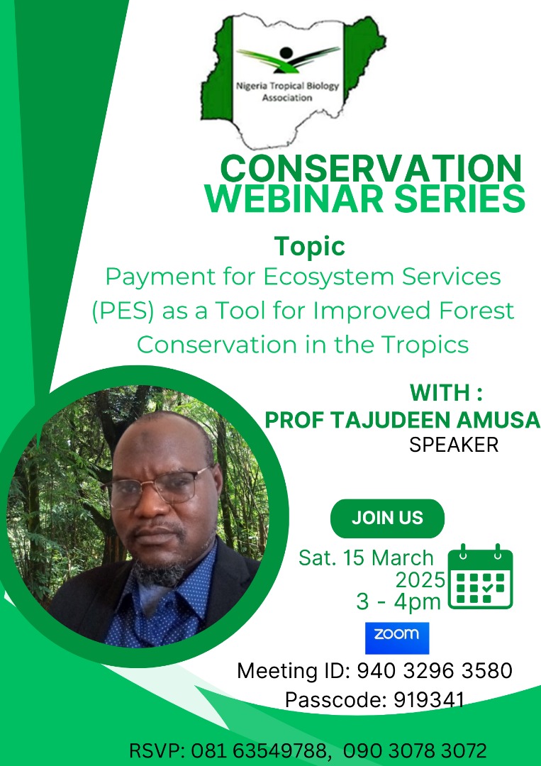 Have you heard about #PES?

Join us, this Saturday at 3pm (GMT +1), as we explore the topic on #Payment for #Ecosystem #Services (PES) as a #Tool for #Improved #Forest #Conservation in the #Tropics, with Prof. Tajudeen Amusa 

Save the date!