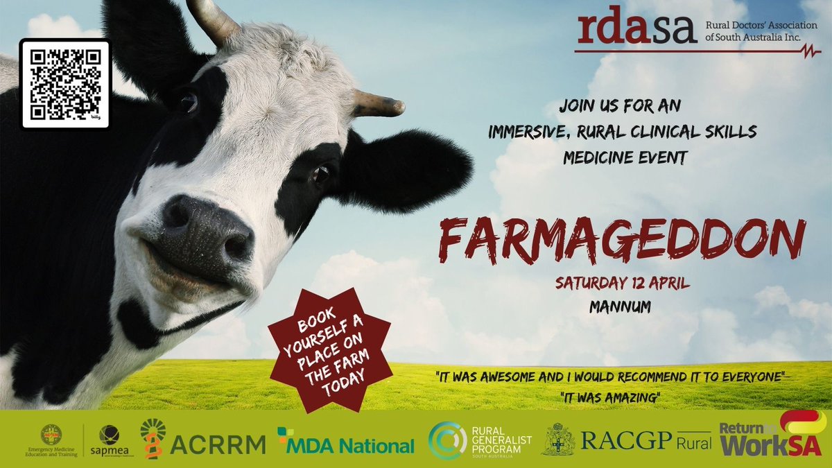 RuralDocSA's tweet image. Farmageddon! Join us on the farm for an unforgettable day of rural clinical skills stations guided by Rural Generalists. It's a day designed for students and pre-vocational doctors curious about a career in the bush. 
bit.ly/4kbmeMT