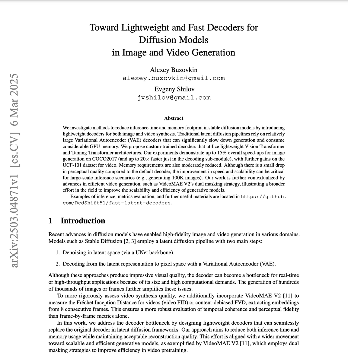 Just published: "Toward Lightweight and Fast Decoders for Diffusion Models" with <a href="/AlexeyBuzovkin/">Alexey Buzovkin</a>     

We developed lightweight decoders for Stable Diffusion that are up to 20× faster in decoding and 15% faster overall. 

arxiv.org/abs/2503.04871