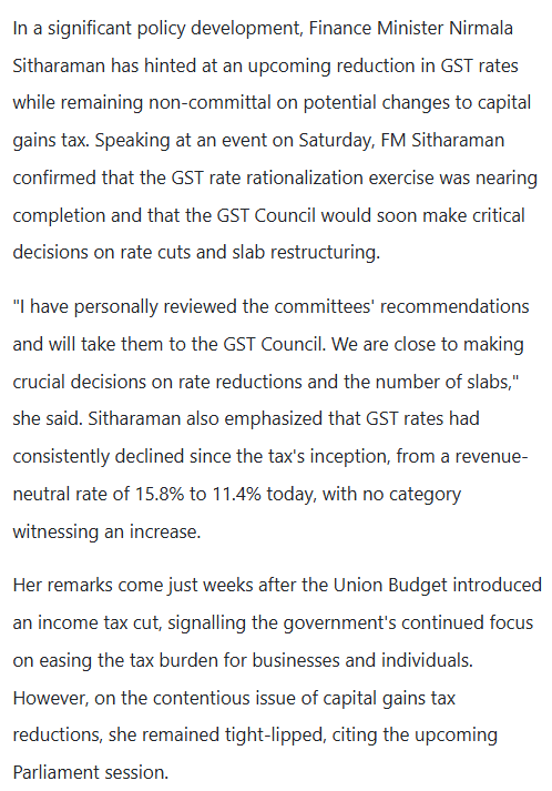 CAclubindia's tweet image. FM Sitharaman Hints at Major GST Rate Cut 👀🤞 #GST #GSTRate