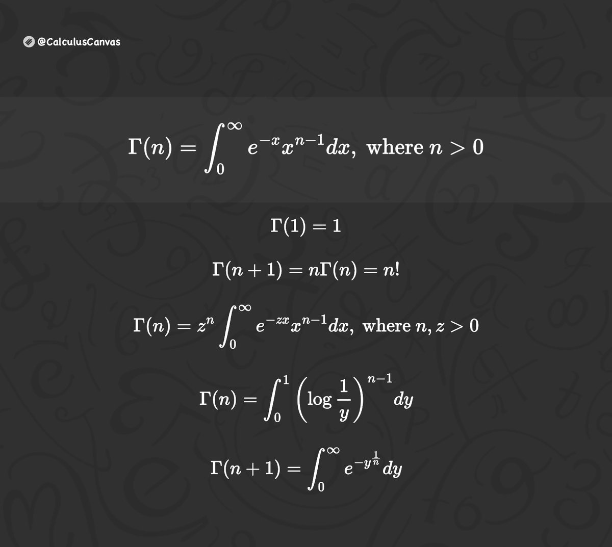 TheMathFlow's tweet image. Gamma function and its core properties...ᝰ.ᐟ