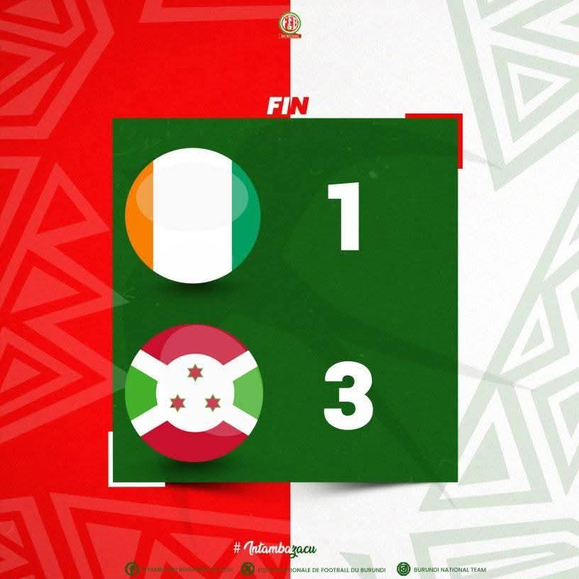 🏆🌍 Victoire historique pour les hirondelles #IntambaZacu! 🇧🇮🔥
Le 09/03/2025, sous le ciel d’#Abidjan, nos jeunes guerrières du #Burundi ont marqué l'histoire en battant la Côte d'Ivoire 3-1 #CIV  au Stade Houphouët-Boigny! 🌟 Un match époustouflant dans le cadre de la quête