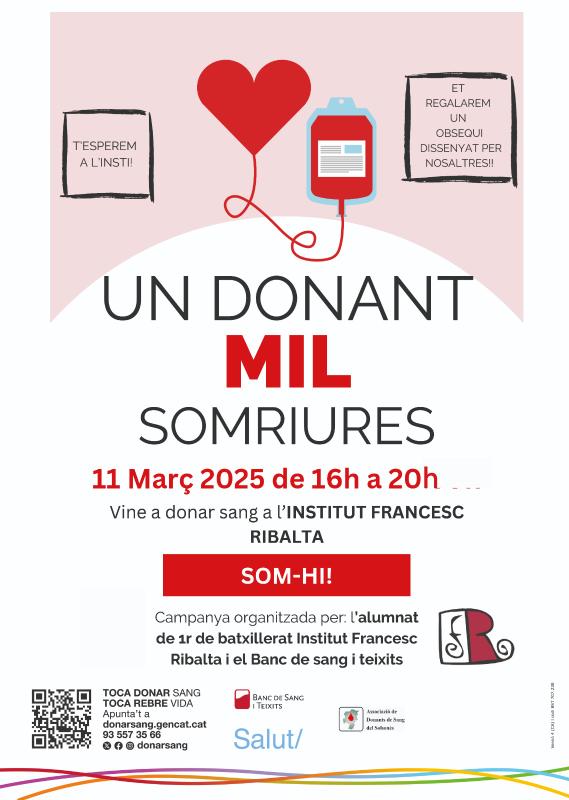 Demà hi ha una campanya extraordinària de donació de sang a #Solsona. Es farà a l’<a href="/INS_FRibalta/">INS Francesc Ribalta (Solsona)</a> de 16 a 20h. L’alumnat de l’optativa de Biomedicina de 1r de batxillerat col·labora amb el Banc de Sang i Teixits i l’Associació de Donants de Sang del Solsonès en aquesta iniciativa