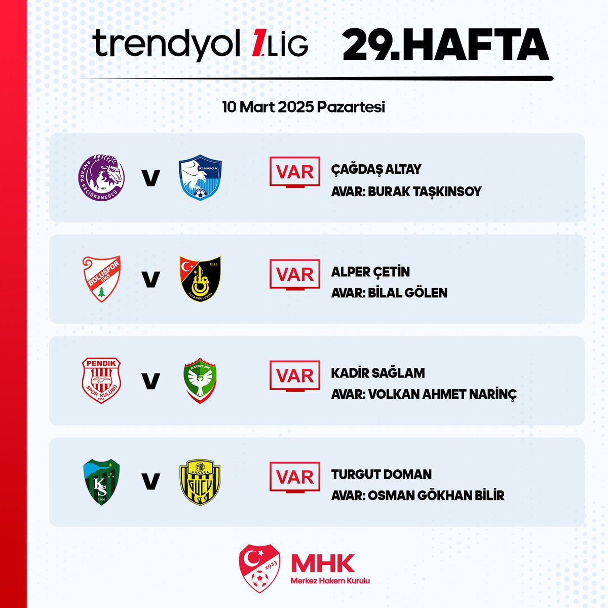 MHK_Resmi's tweet image. Trendyol 1. Lig’de bugün oynanacak maçların VAR ve AVAR hakemleri belirlendi.