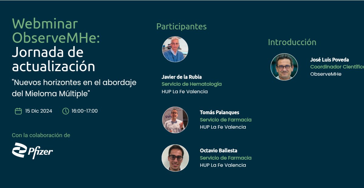 ObserveMHe (@observemhe) on Twitter photo 🎓 Jornada Actualización
📚 Título: Nuevos horizontes en el abordaje del Mieloma Múltiple
👨⚕️ Javier de la Rubia <a href="/HematoLaFe/">HematoLaFe</a>
👨⚕️ <a href="/PalanquesTomas/">Tomás Palanques</a> <a href="/ACM_LaFe/">Servicio de Farmacia La Fe 🏥</a>
👨⚕️ <a href="/OctavioBallesta/">Octavio Ballesta</a> <a href="/ACM_LaFe/">Servicio de Farmacia La Fe 🏥</a>
👨⚕️ <a href="/joseluis_pa/">Jose Luis Poveda Andrés</a> <a href="/ObserveMHe/">ObserveMHe</a>
⚗️ Colabora: <a href="/pfizer_spain/">Pfizer España</a>
📲: f.mtr.cool/pgouzgulmx 🎓 Jornada Actualización
📚 Título: Nuevos horizontes en el abordaje del Mieloma Múltiple
👨⚕️ Javier de la Rubia <a href="/HematoLaFe/">HematoLaFe</a>
👨⚕️ <a href="/PalanquesTomas/">Tomás Palanques</a> <a href="/ACM_LaFe/">Servicio de Farmacia La Fe 🏥</a>
👨⚕️ <a href="/OctavioBallesta/">Octavio Ballesta</a> <a href="/ACM_LaFe/">Servicio de Farmacia La Fe 🏥</a>
👨⚕️ <a href="/joseluis_pa/">Jose Luis Poveda Andrés</a> <a href="/ObserveMHe/">ObserveMHe</a>
⚗️ Colabora: <a href="/pfizer_spain/">Pfizer España</a>
📲: f.mtr.cool/pgouzgulmx