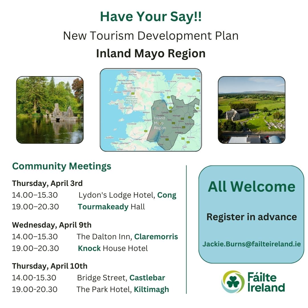 Fáilte Ireland is due to begin work on a new Destination and Experience Development Plan (DEDP) for the Inland Mayo Region during 2025

DEDPs provide a shared vision and clear direction towards strengthening and growing an area’s market share of tourism revenues, enhancing the