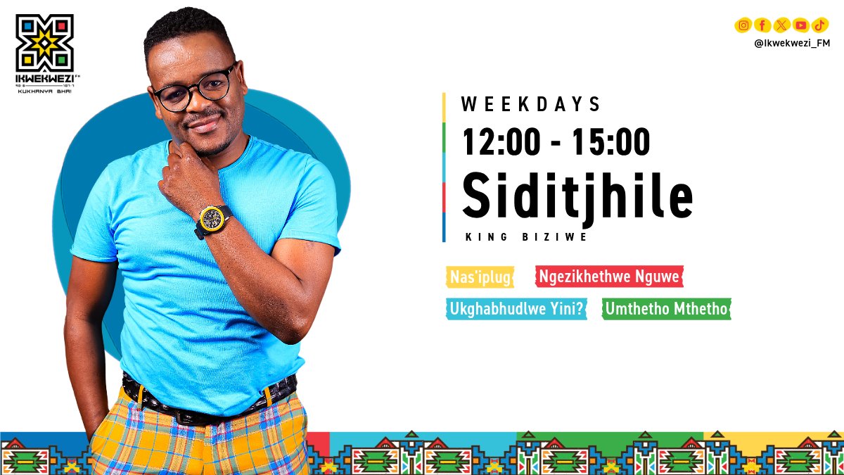 Ikwekwezi FM (@ikwekwezi_fm) on Twitter photo #Siditjhile ku Ikwekwezi FM 📻
⏰ 12:00 - 15:00
🎙️ <a href="/kingBiziwe/">kingBiziwe</a>
🎶 Ngezikhethwe Nguwe
🔌 Amathuba angakuphi/Nas'iplug
⚖️ Umthetho Mthetho
💔 Ukghabhudlwe Yini?
#HlalaEmkhanyweni
📻90.6-107.7
📱 SABC +
💻 Stream | spr.ly/6017LFOnf #Siditjhile ku Ikwekwezi FM 📻
⏰ 12:00 - 15:00
🎙️ <a href="/kingBiziwe/">kingBiziwe</a>
🎶 Ngezikhethwe Nguwe
🔌 Amathuba angakuphi/Nas'iplug
⚖️ Umthetho Mthetho
💔 Ukghabhudlwe Yini?
#HlalaEmkhanyweni
📻90.6-107.7
📱 SABC +
💻 Stream | spr.ly/6017LFOnf