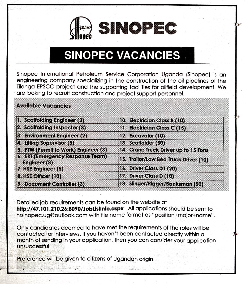 Kabugo_'s tweet image. 213 VACANCIES: 👇🏼

Sinopec International Petroleum Service Uganda is an engineering company specializing in the construction of oil pipelines. They seek to fill the positions below. 

Details go to: https://47.101.210.26:8090/JobListinfo.aspx

Apply to: hrsinopec.ug@outlook.com
