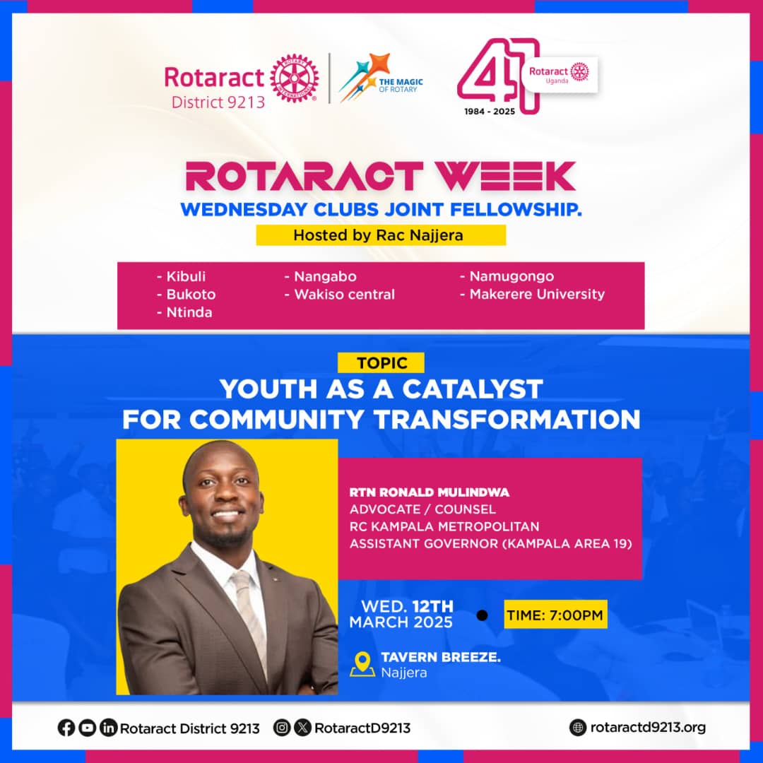 Rotaract Ntinda (@rctntinda) on Twitter photo Its ROTARACT WEEK📢📢📢
We shall be having an all Wednesday clubs joint fellowship
Hosted by <a href="/RctNajjeera/">Rotaract Club of Najjeera</a>
at Tarvern breeze Najeera
Please join us and let's learn together
#seeyouthere
#ntindawedbesdays
#rotaractweek Its ROTARACT WEEK📢📢📢
We shall be having an all Wednesday clubs joint fellowship
Hosted by <a href="/RctNajjeera/">Rotaract Club of Najjeera</a>
at Tarvern breeze Najeera
Please join us and let's learn together
#seeyouthere
#ntindawedbesdays
#rotaractweek