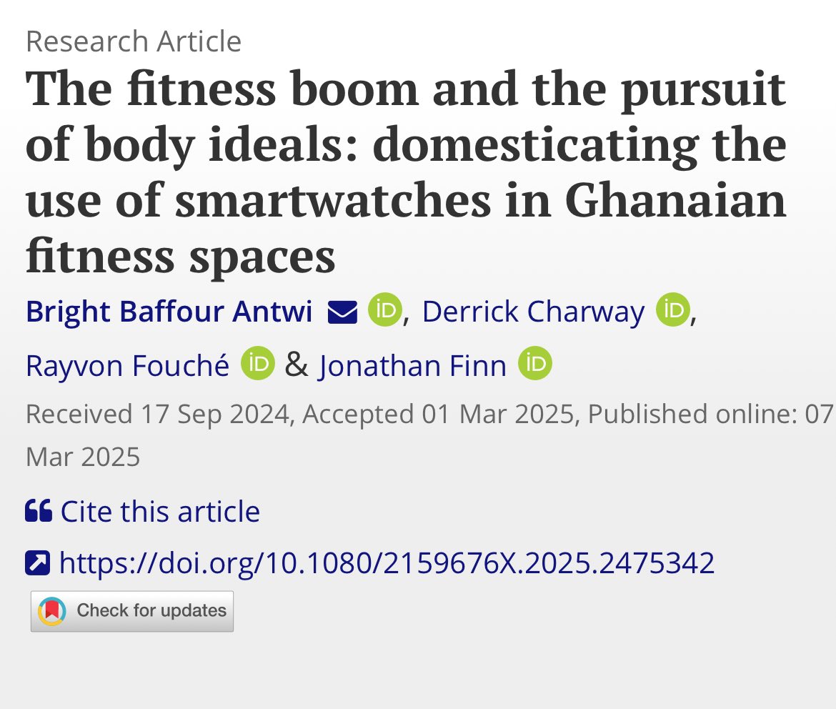 Thrilled to have our ethnographic study on fitness/health-tracking from a Sub-Saharan African perspective in <a href="/QualiSEH/">QRSEH</a> out. 

tandfonline.com/doi/full/10.10…
